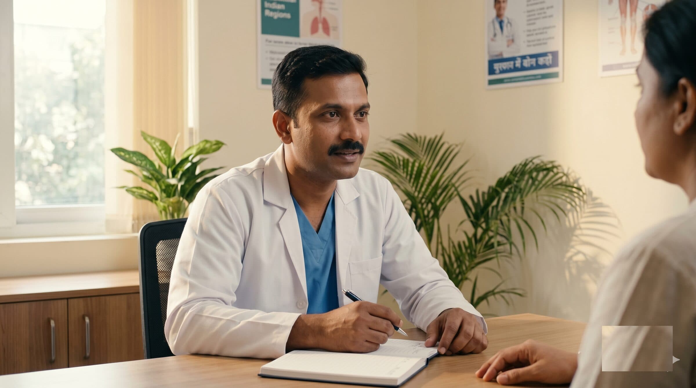 Indian doctor in white coat mid-consultation with patient across a wooden desk in an Indian clinic