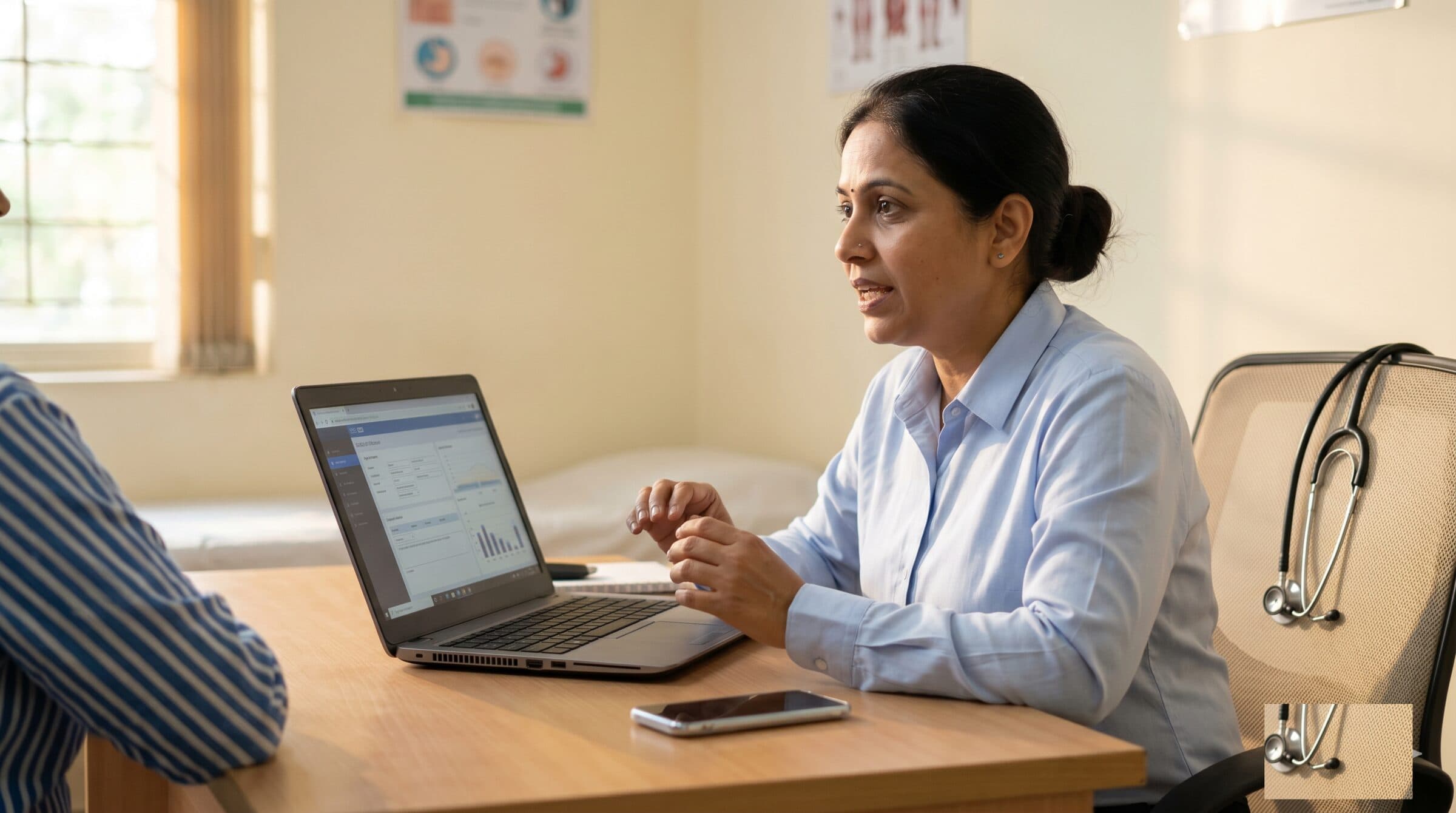 Indian doctor mid-consultation with laptop and smartphone on the desk capturing the conversation
