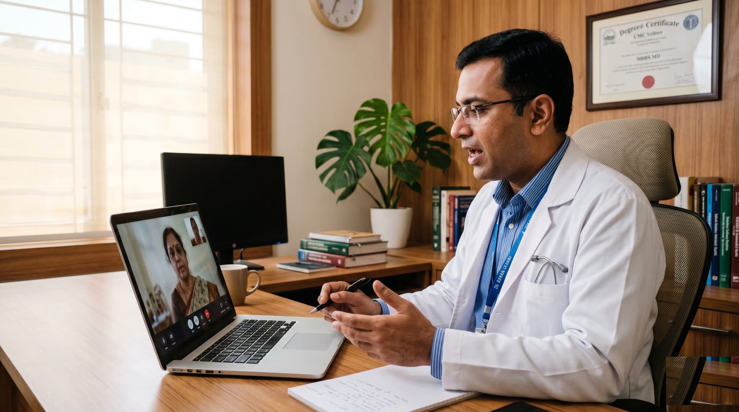 Indian doctor on a video consultation with a patient via laptop, in a clinic office with MBBS certificate on the wall