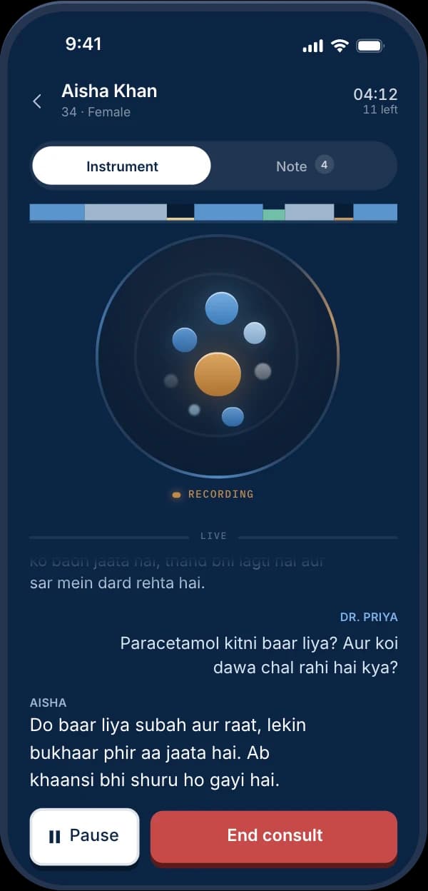 A consult recording on the phone: the live transcript shows Aisha and Dr Priya talking in Hinglish about three days of fever and a new cough.