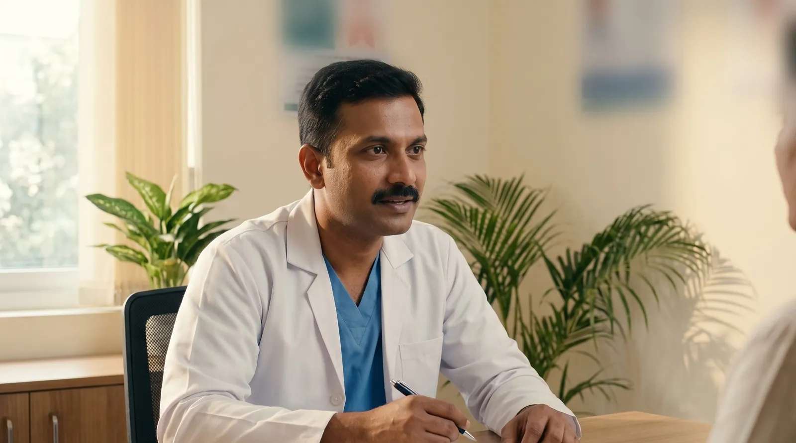 A doctor in consultation at his desk, with Keel open on his laptop, iPad and phone.
